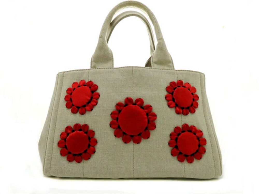 Prada bag handbag Canapa Beige Cream red canvas